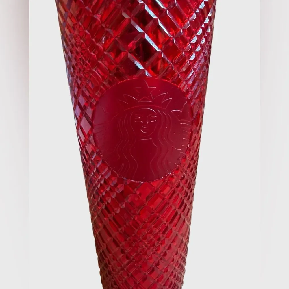 Starbucks 2021 Red Jeweled Holiday Tumbler Grid Textured Lid Straw Venti 24oz